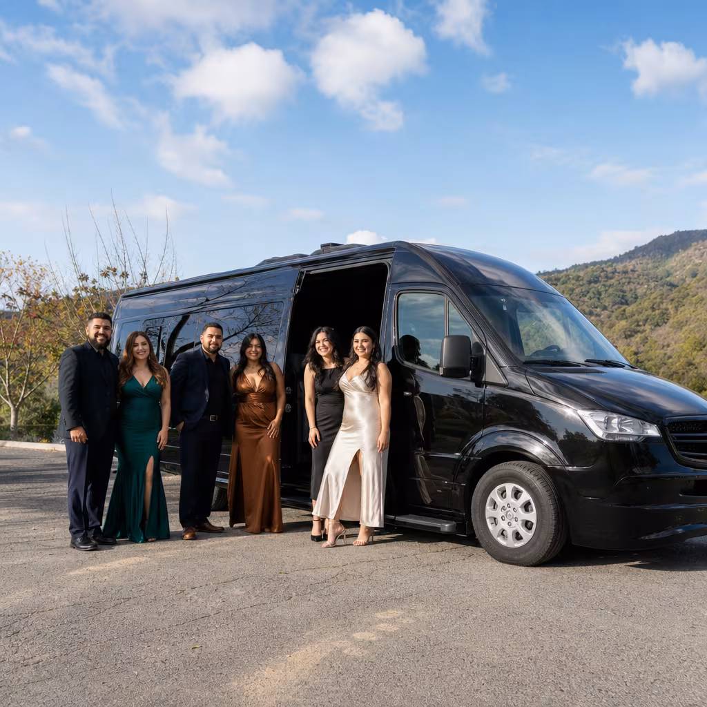Group beside a Mercedes Sprinter limo from the San Jose fleet at the beach