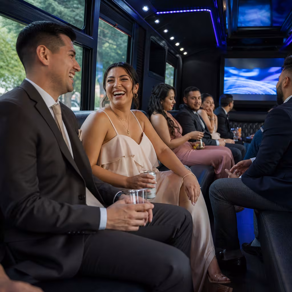Wedding guests seated inside a San Jose party bus