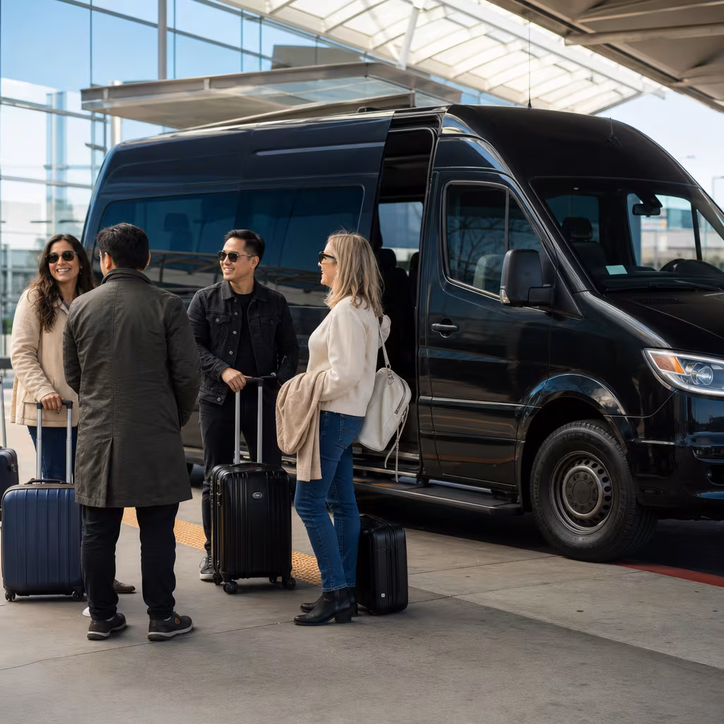 Group boarding a white charter bus for Airport Transportation transportation in San Jose