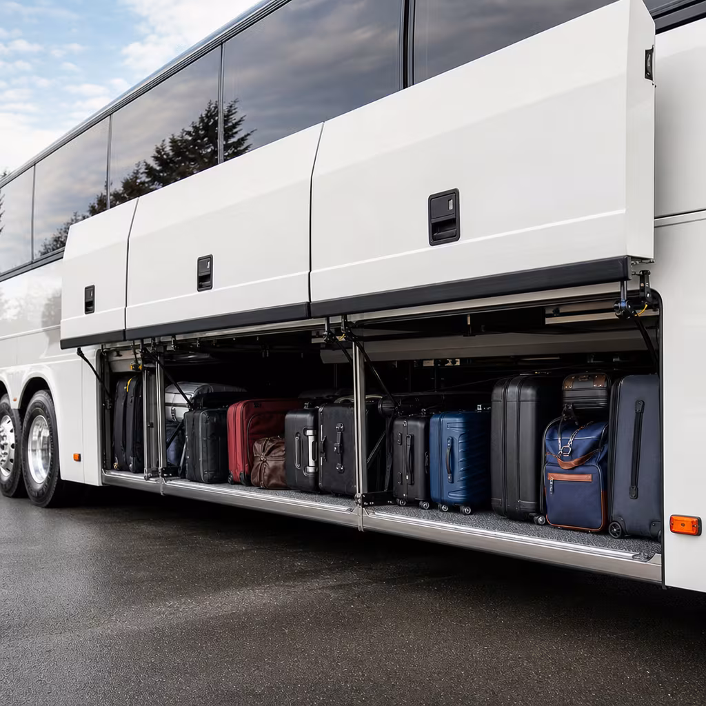 Party bus interior with wraparound leather seating and LED lighting in San Jose
