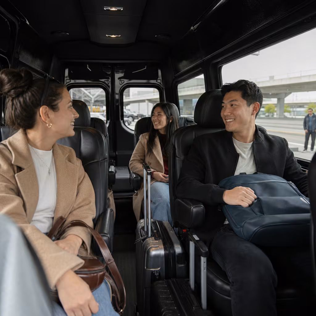 Passengers loading luggage while boarding an San Jose group shuttle