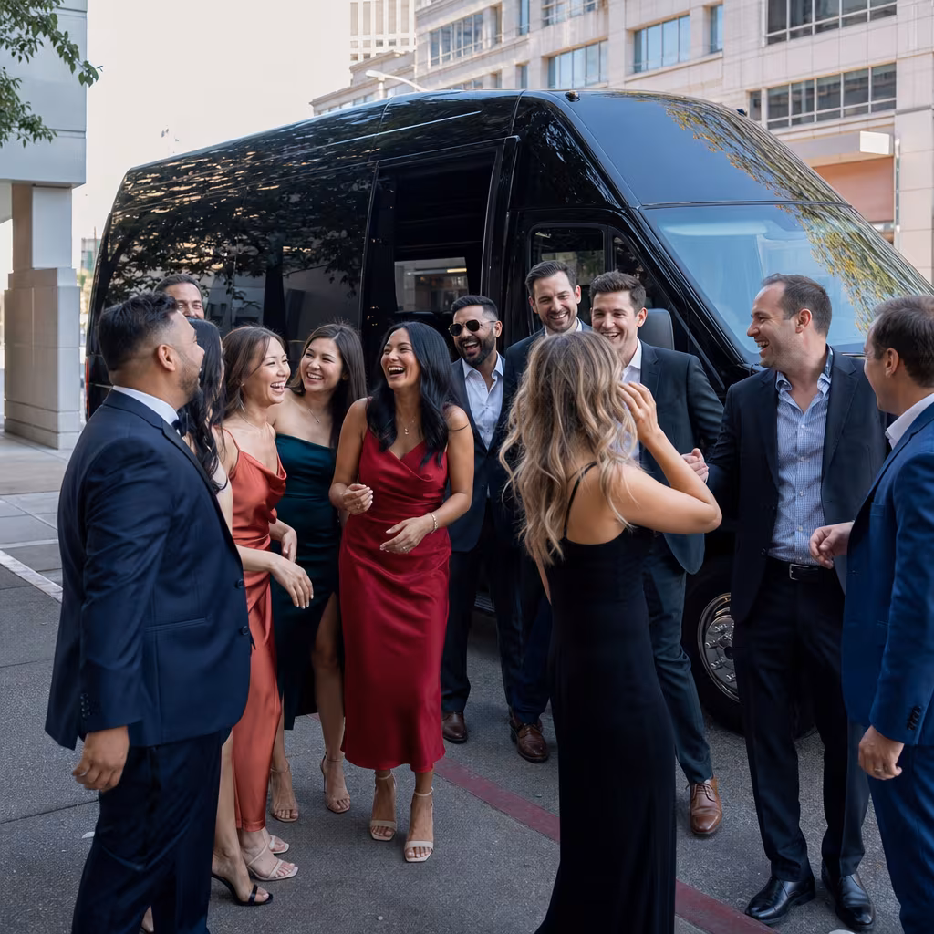 Group boarding a white charter bus for Bachelor & Bachelorette Transportation transportation in San Jose