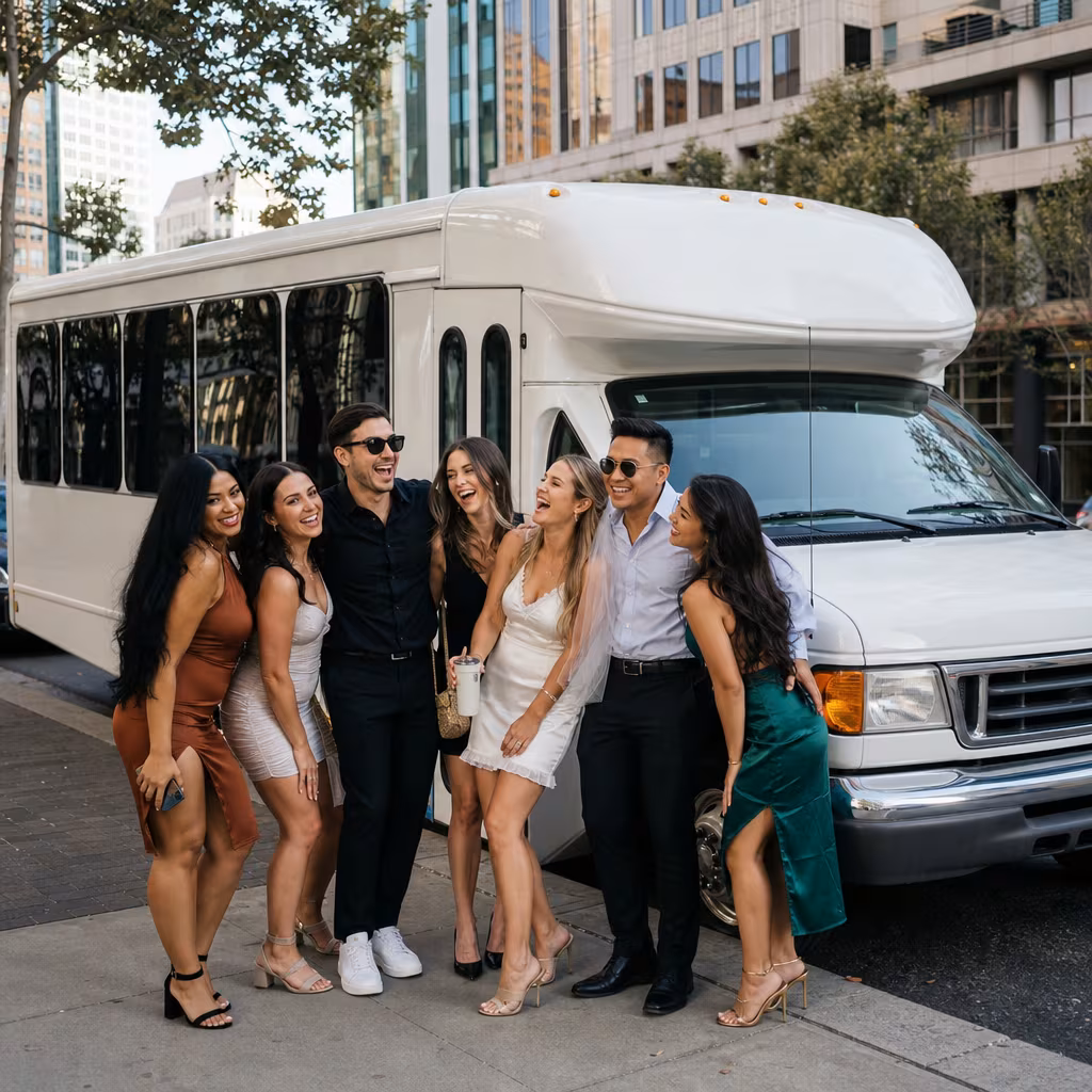 Black Mercedes Sprinter van staged for an San Jose Bachelor & Bachelorette Transportation group