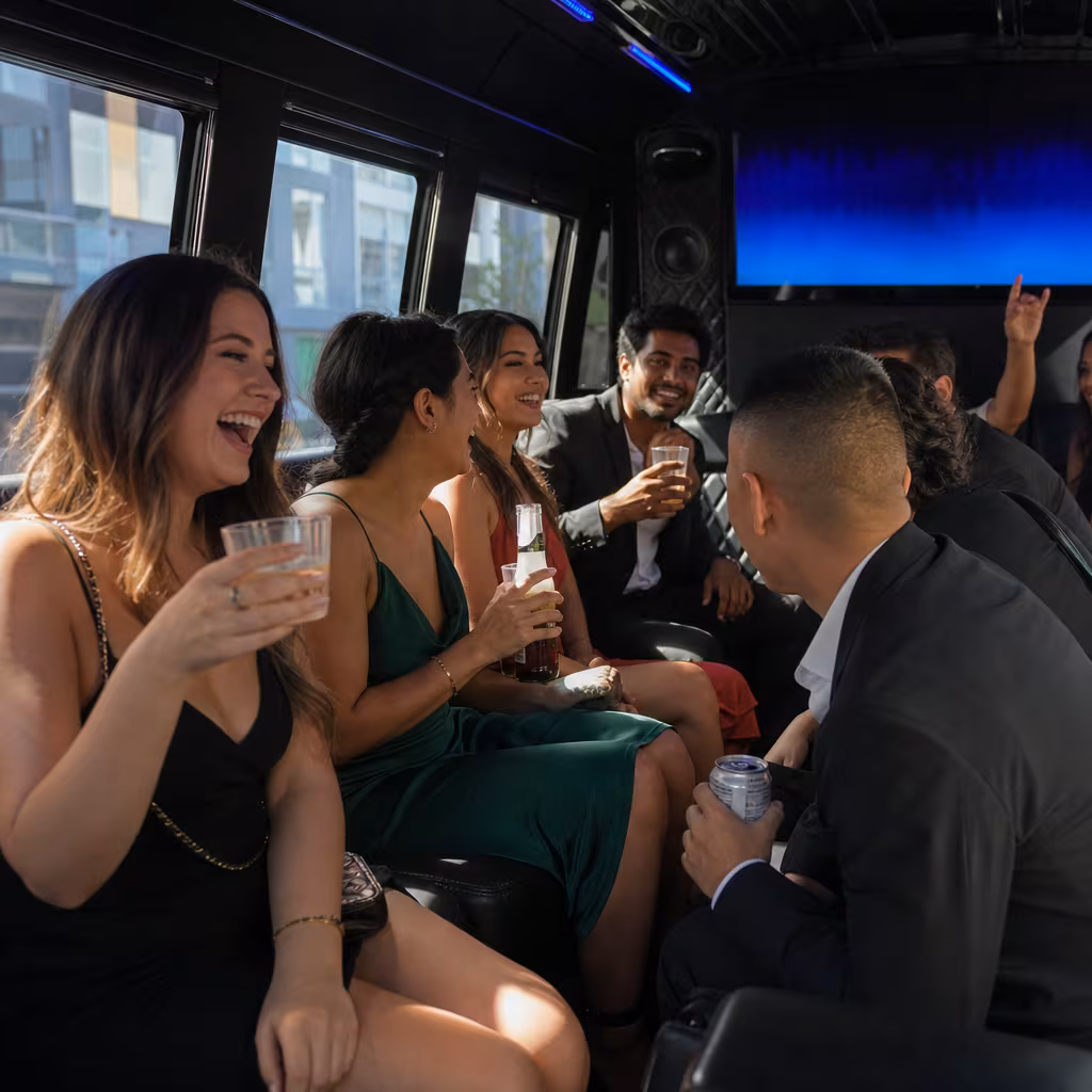 Party bus interior with wraparound leather seating and LED lighting in San Jose