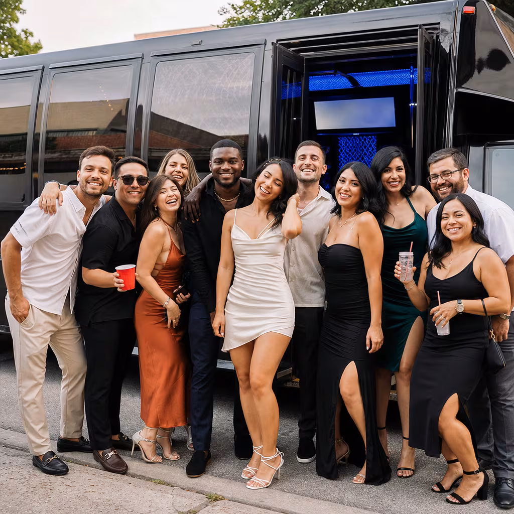 Party bus interior with wraparound leather seating and LED lighting in San Jose