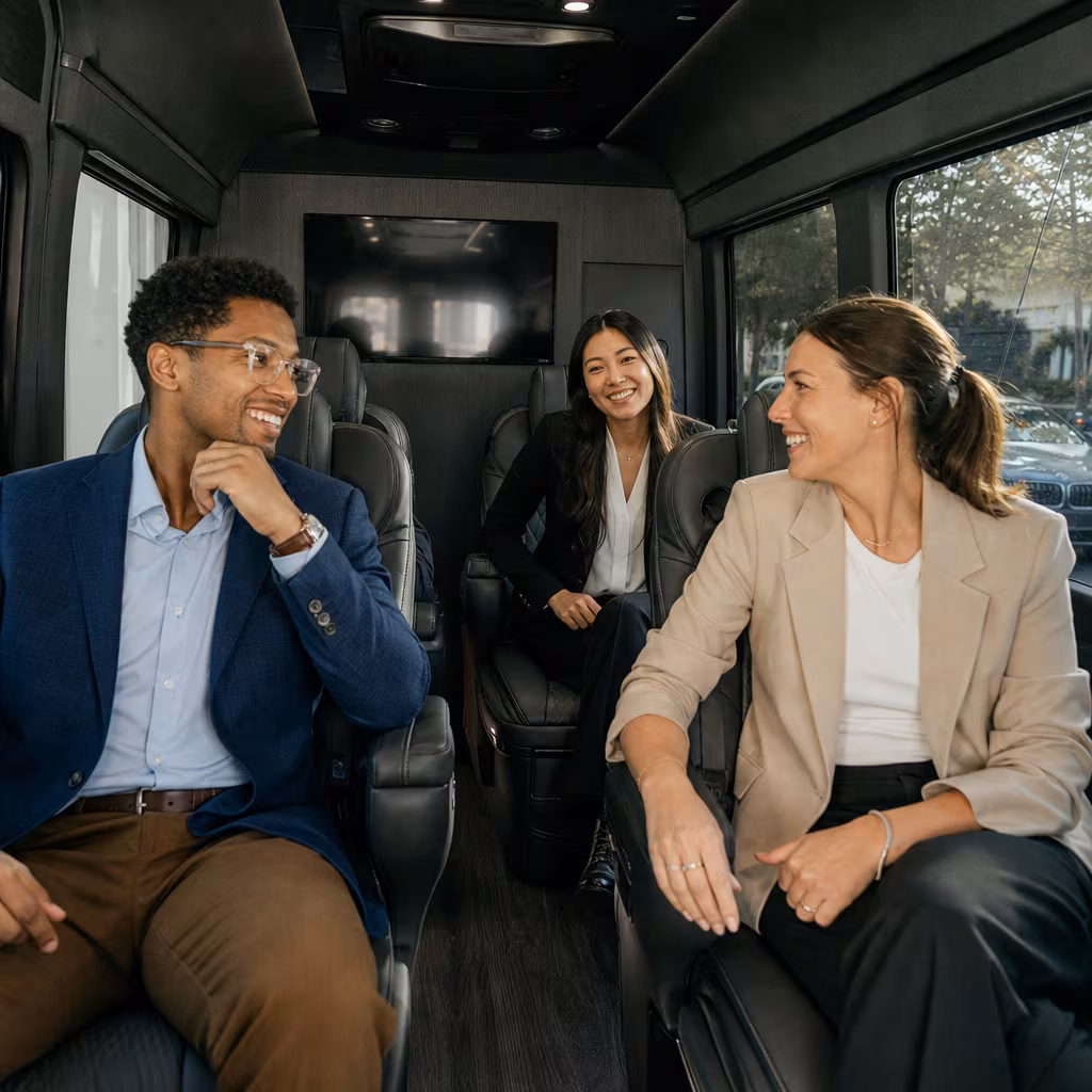 Group boarding a white charter bus for Corporate Transportation transportation in San Jose