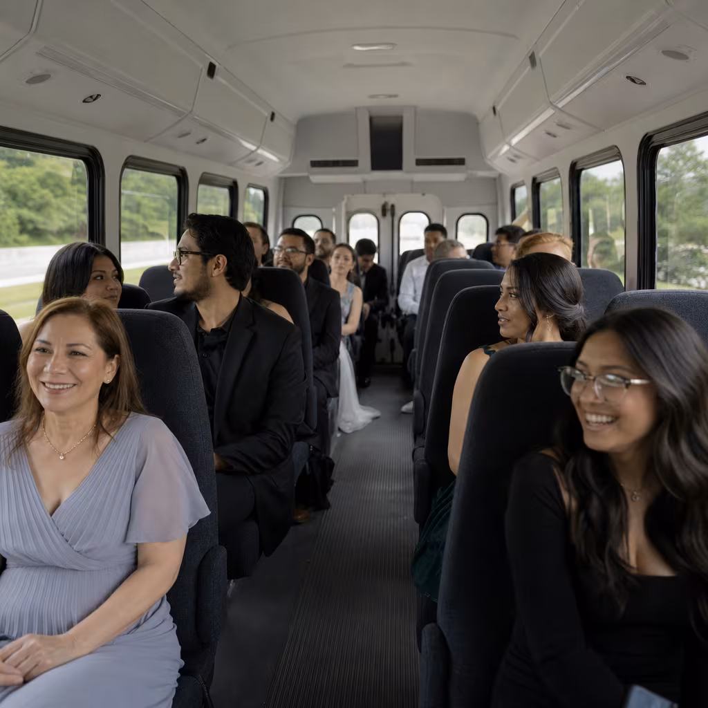 Group boarding a white charter bus for Private Event Transportation transportation in San Jose