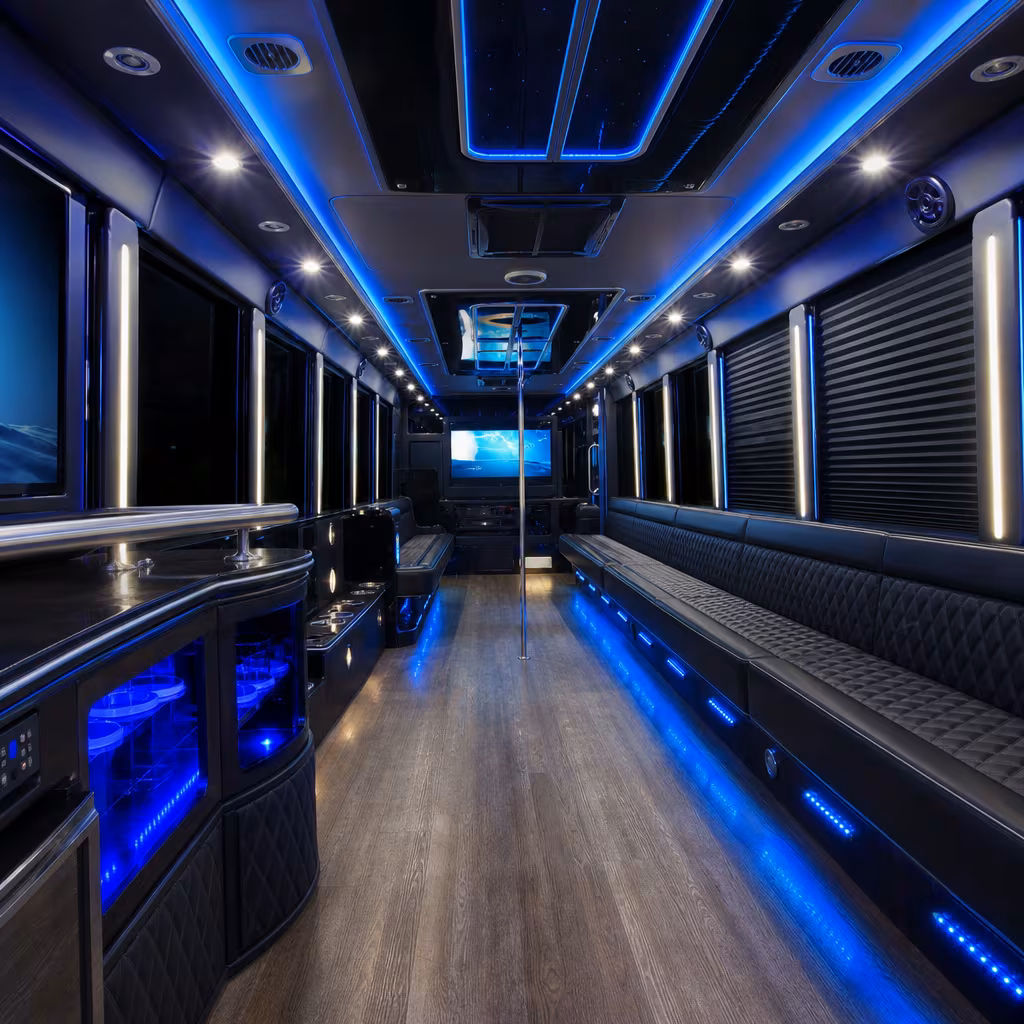 Party bus interior with wraparound leather seating and LED lighting in San Jose