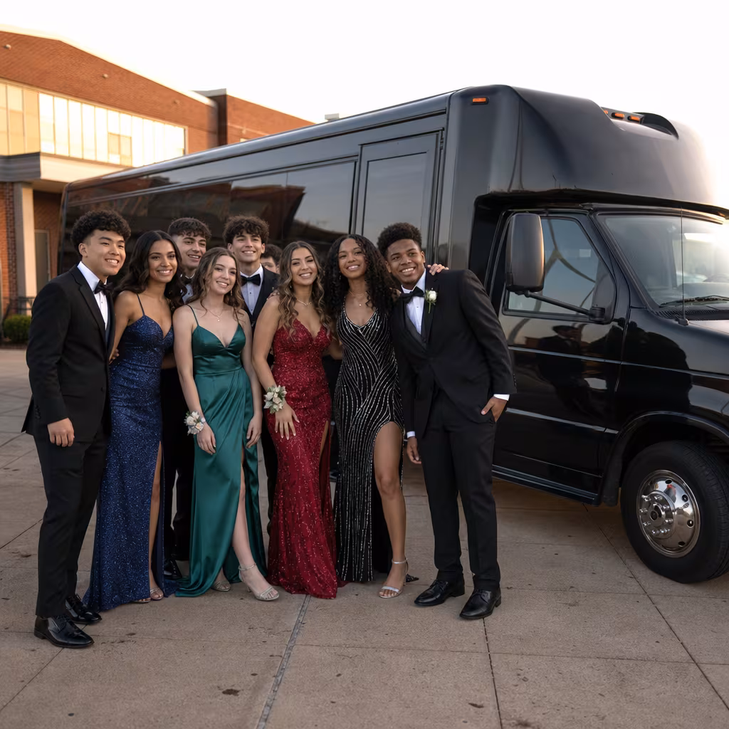 Group boarding a white charter bus for Prom & Homecoming Transportation transportation in San Jose