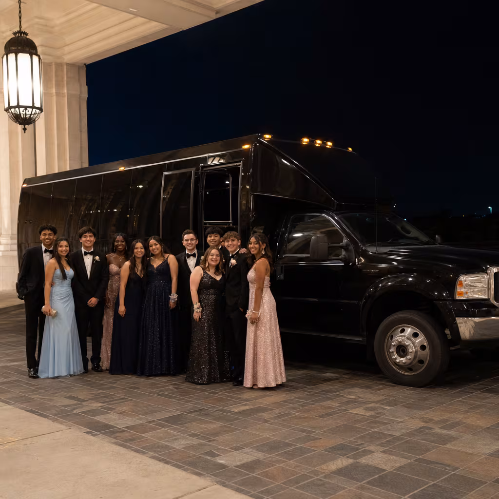 Party bus interior with wraparound leather seating and LED lighting in San Jose