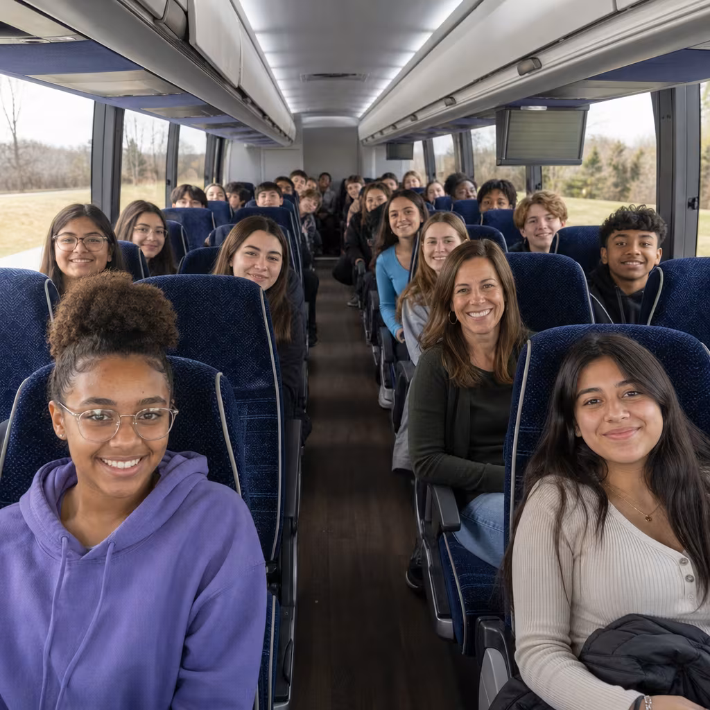 Group boarding a white charter bus for School Transportation transportation in San Jose