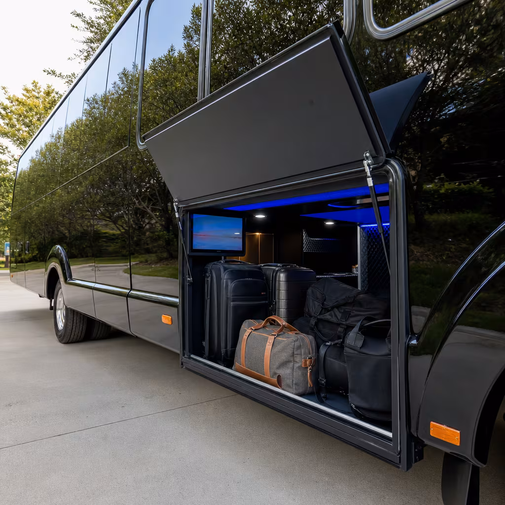 Party bus interior with wraparound leather seating and LED lighting in San Jose