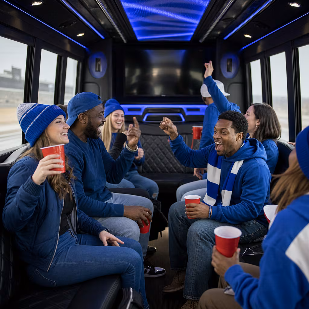 Group boarding a white charter bus for Sporting Event Transportation transportation in San Jose