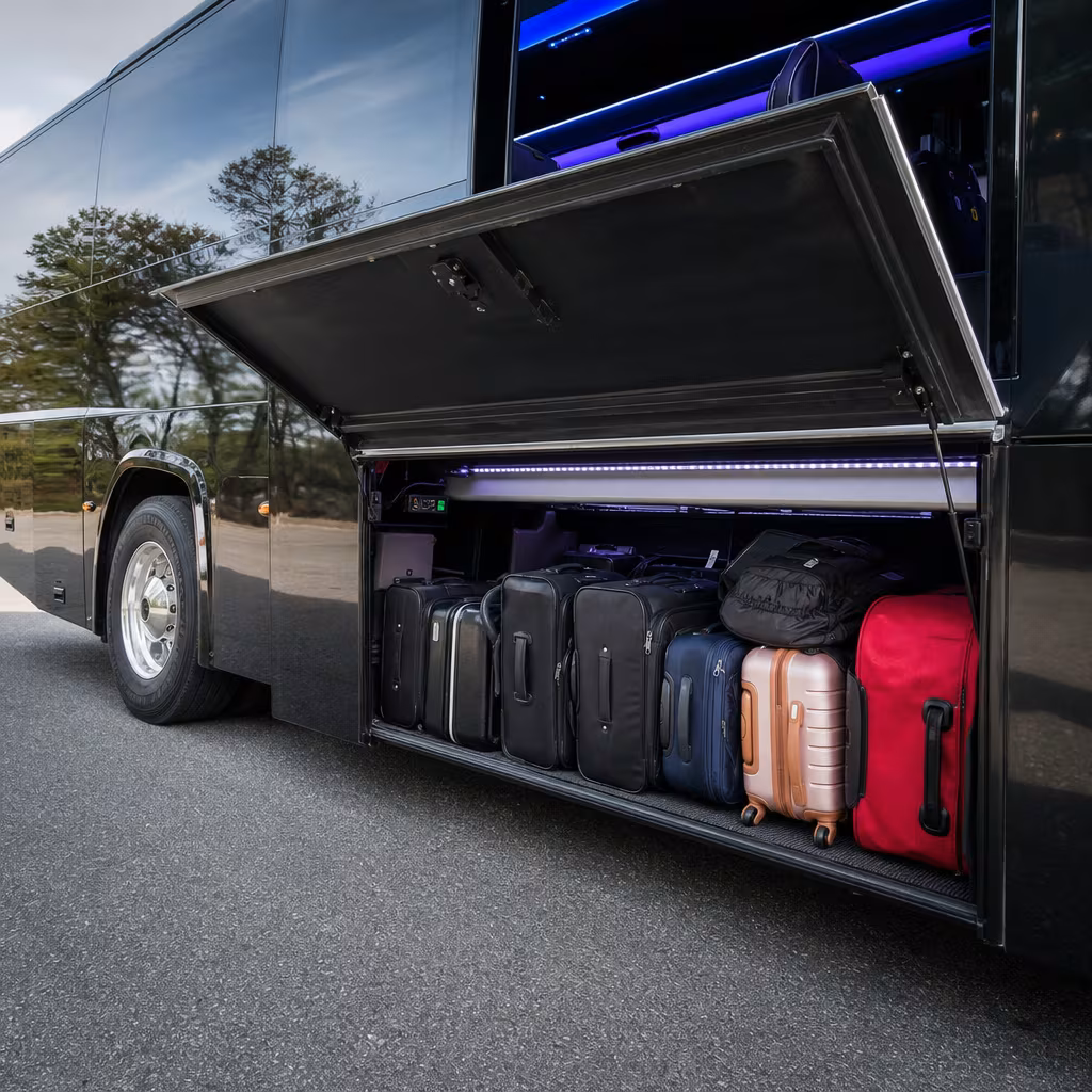 Party bus interior with wraparound leather seating and LED lighting in San Jose