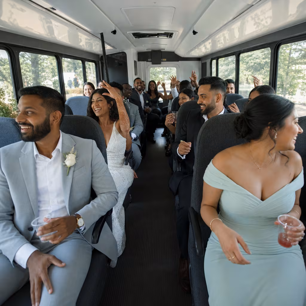 Group boarding a white charter bus for Wedding Transportation transportation in San Jose
