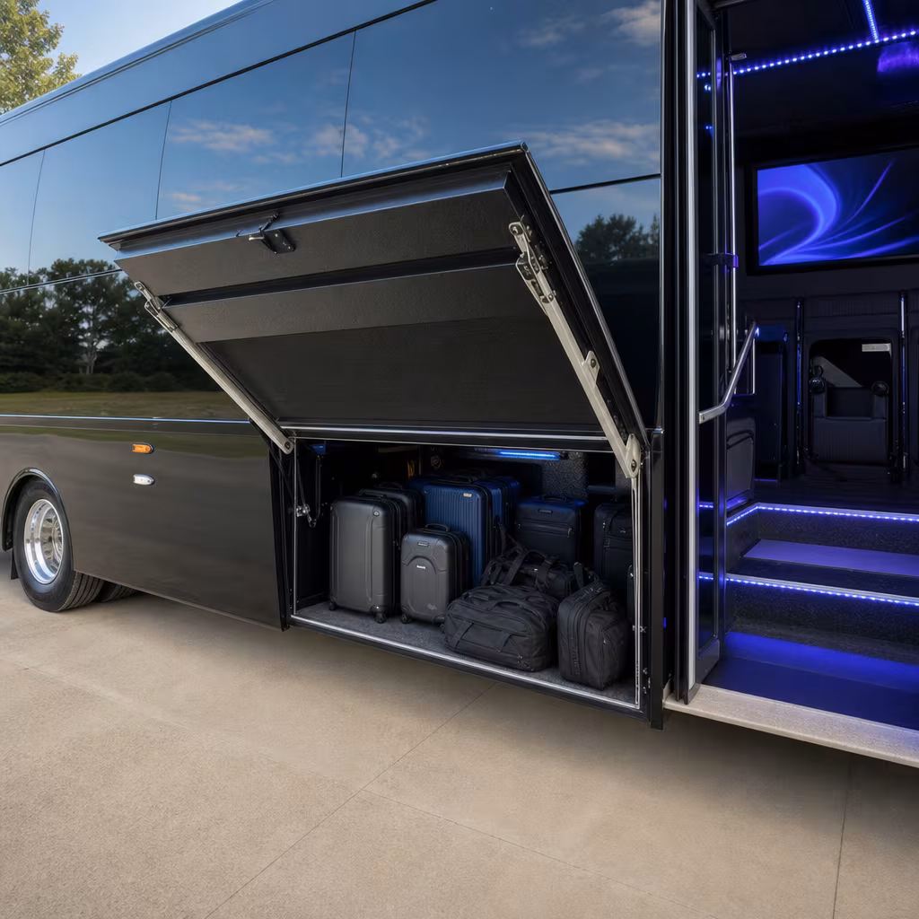 Party bus interior with wraparound leather seating and LED lighting in San Jose