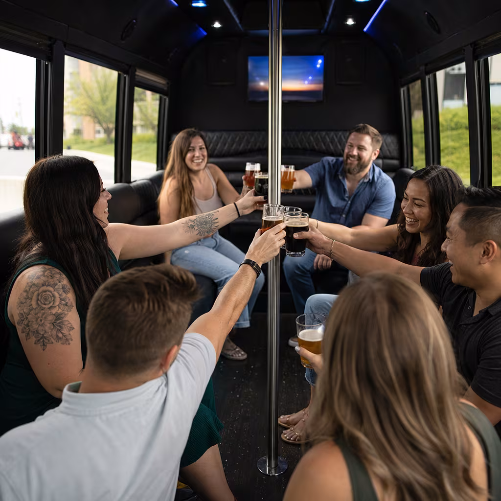 Group boarding a white charter bus for Winery & Brewery Tour Transportation transportation in San Jose