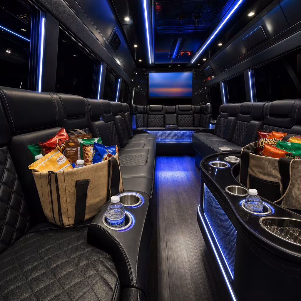Party bus interior with wraparound leather seating and LED lighting in San Jose